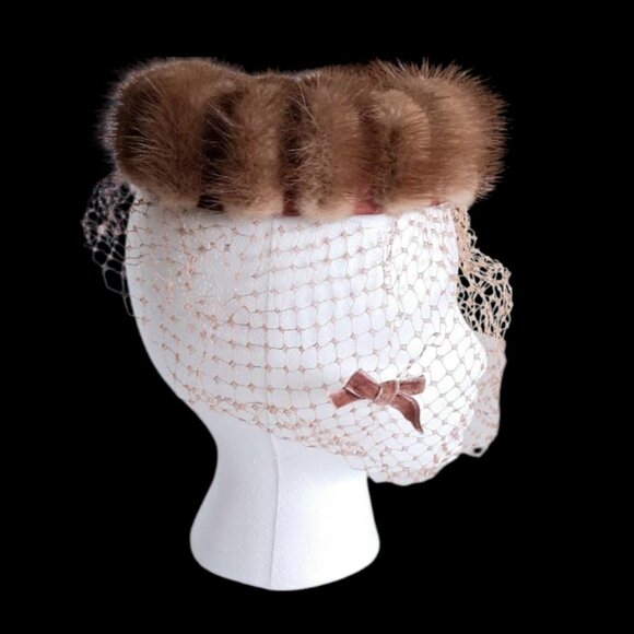 Mid-Century Vintage Beresford Netted Pillbox Hat Beige/Brown Mink - Picture 3 of 8
